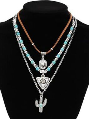 New Western Cowgirl Cowboy Pendant Necklace Layered Hat Cactus Turquoise Trendy